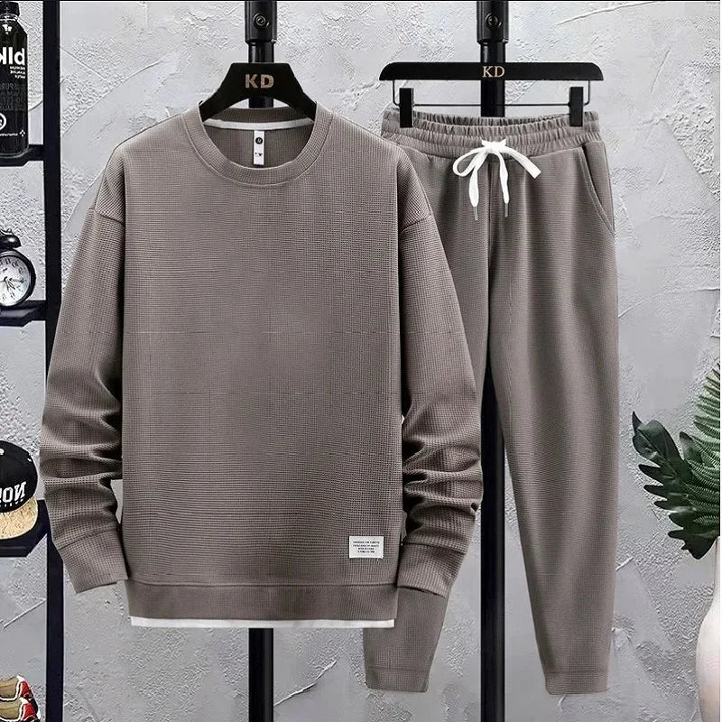 Summer Men'S Waffle Sets Casual T-Shirt and Pants Set Male Sports Suit 2 Priece Set Solid Color Tracksuit Loose Suits Size 3XL
