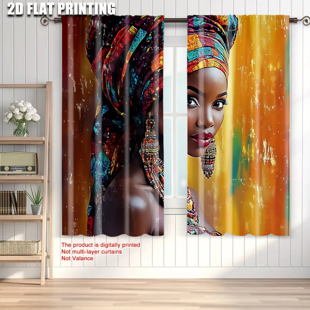 2Pcs, Plane Printing Print Curtains African Woman Print 100% Polyester (Without Rod) Holiday Ldeal for Kitchen, Bedroom &