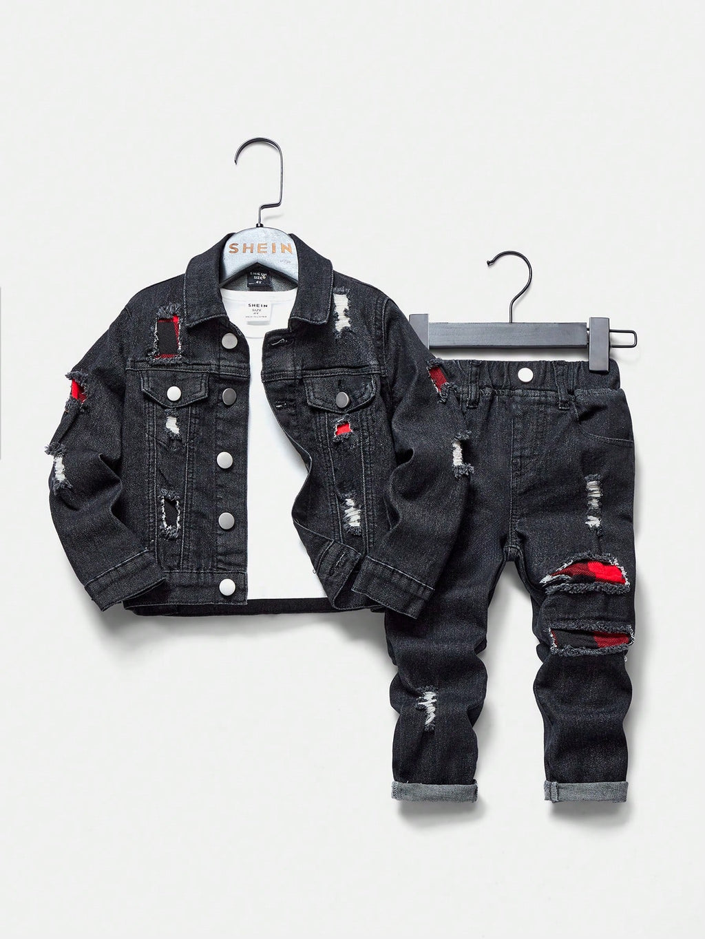 YOUNG BOY Casual Vintage Streetwear Plaid Applique Detail Distressed Elastic Comfortable Jeans & Jean Jacket Set