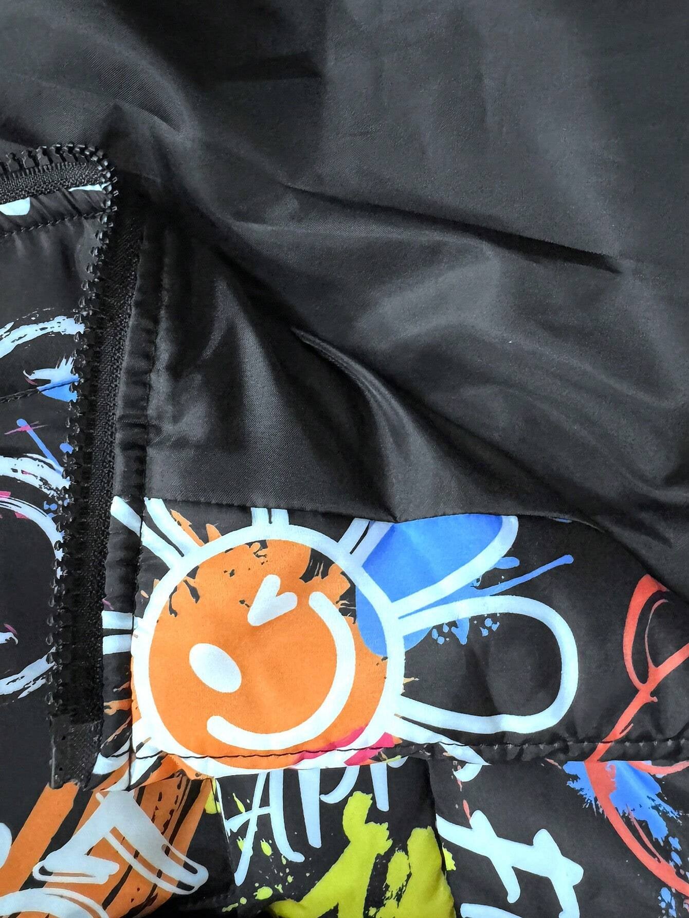 Explorewe Young Girl Graffiti Printed Long Padded Coat with Furry Trim Hood, Fashionable Young Girl Long Coat