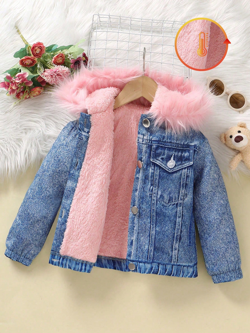 Young Girl Fuzzy Trim Hooded Teddy Lined Jacket