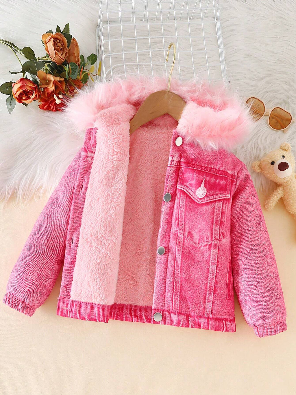 Young Girl Fuzzy Trim Hooded Teddy Lined Jacket