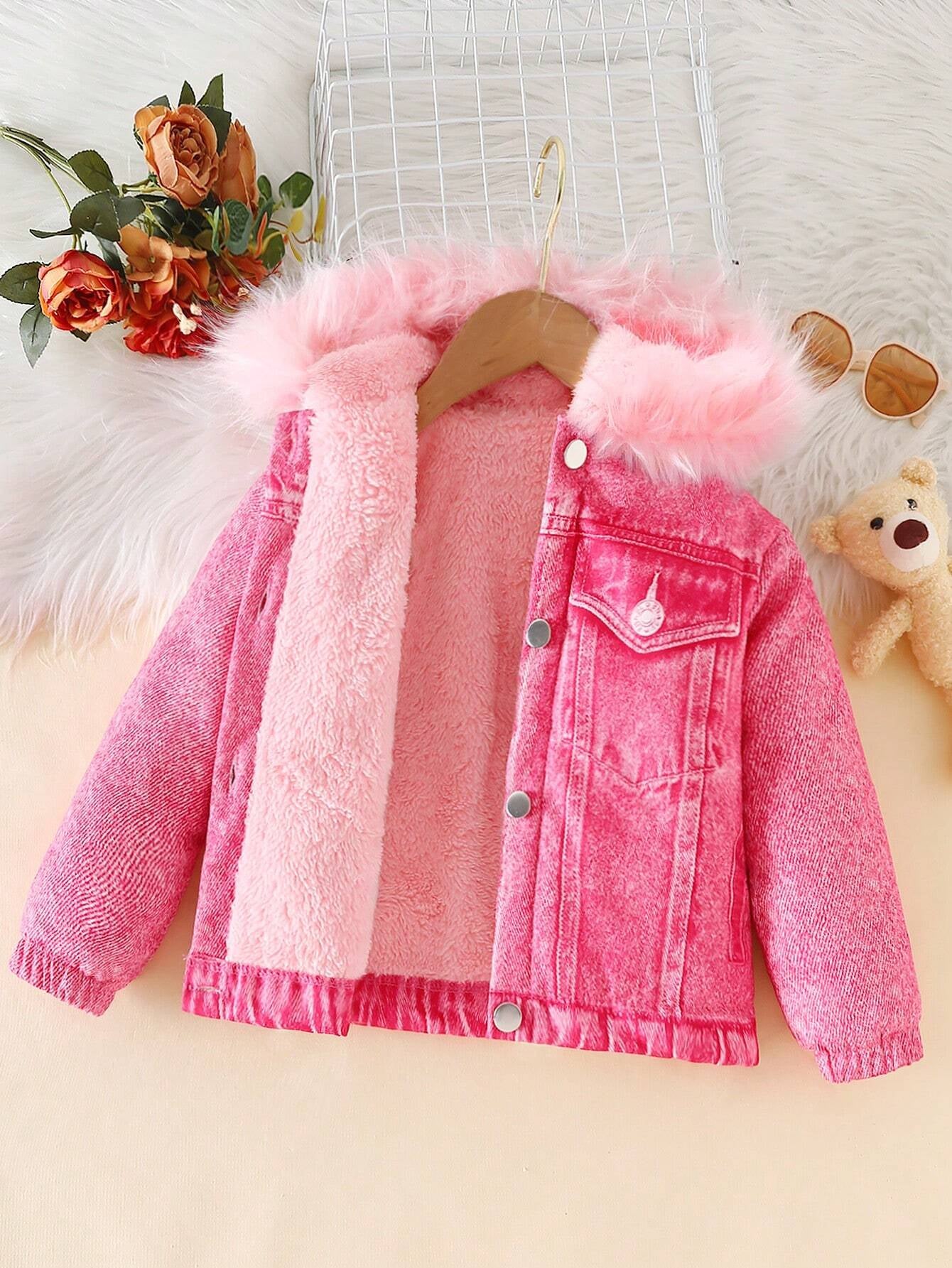 Young Girl Fuzzy Trim Hooded Teddy Lined Jacket