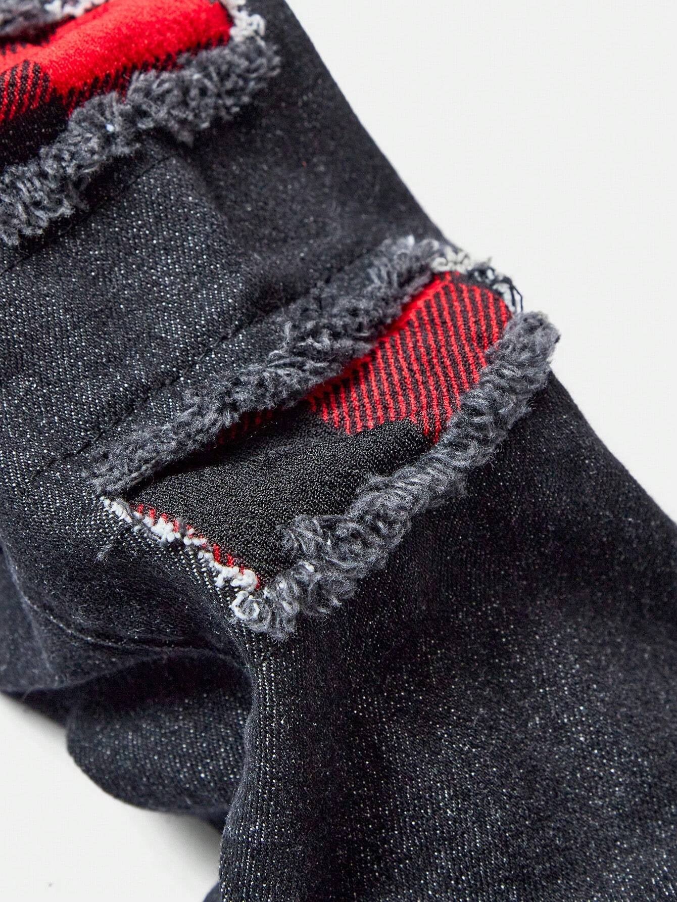 YOUNG BOY Casual Vintage Streetwear Plaid Applique Detail Distressed Elastic Comfortable Jeans & Jean Jacket Set