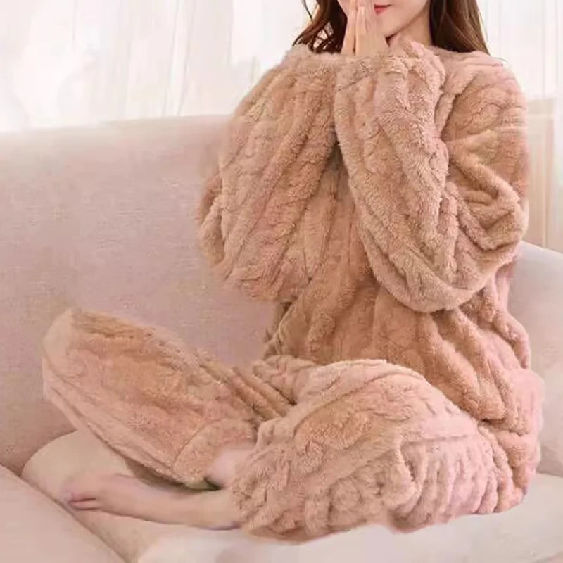 Women'S Pajamas Set Winter Sleepwear O-Neck Loose Long Sleeve Top Elastic Waist Leg Pant Sets Trousers plus Size Matching Sets