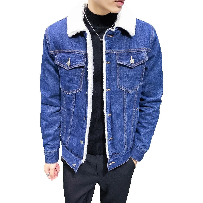Light Blue Men Winter Jean Jackets Outerwear Warm Denim Coats Asian Size Wool Liner Thicker Jaqueta Black Thick Overcoat 6XL