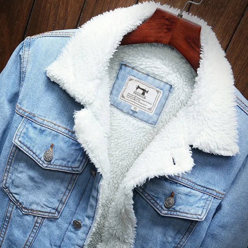 Light Blue Men Winter Jean Jackets Outerwear Warm Denim Coats Asian Size Wool Liner Thicker Jaqueta Black Thick Overcoat 6XL