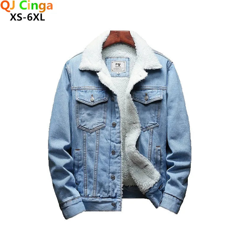 Light Blue Men Winter Jean Jackets Outerwear Warm Denim Coats Asian Size Wool Liner Thicker Jaqueta Black Thick Overcoat 6XL