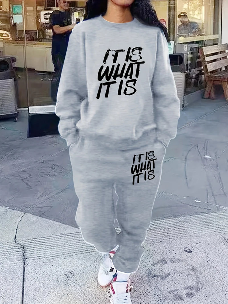 Plus Size Casual Sports Hoodie Two-Piece Set Loose Long Sleeve T Shirt Letter Pants for Women