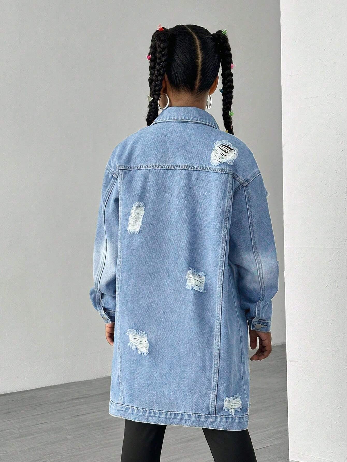 TWEEN GIRL Y2K Street Style Casual Collegiate Distressed Ripped Long Denim Jacket, Essential Chic Fashion Item for Spring Autumn Winter