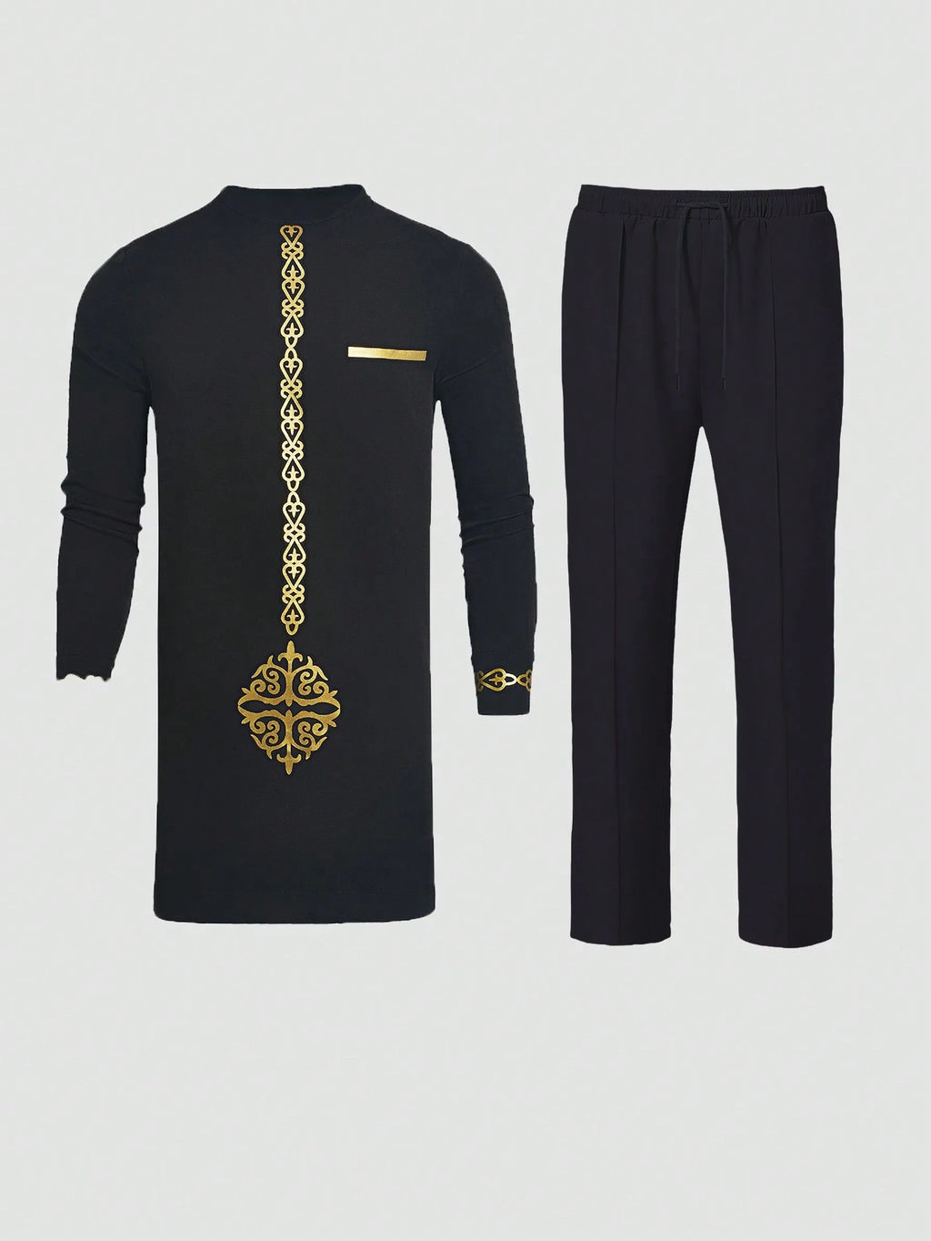 Plus Size Men'S Black Dashiki 2 Pieces Set, Gold Foil Printing, Elastic Waist Pants, Long Sleeve African Clothing, Casual Shirt & Trousers Suit, for Gatherings, Dates, Everyday Wear, Cultural Events, New Arrival
