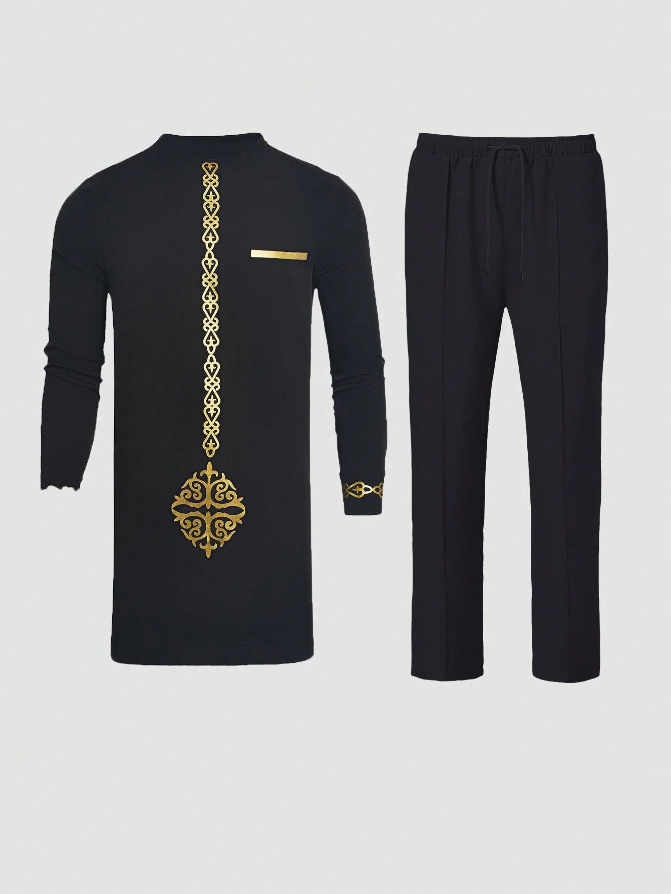 Plus Size Men'S Black Dashiki 2 Pieces Set, Gold Foil Printing, Elastic Waist Pants, Long Sleeve African Clothing, Casual Shirt & Trousers Suit, for Gatherings, Dates, Everyday Wear, Cultural Events, New Arrival