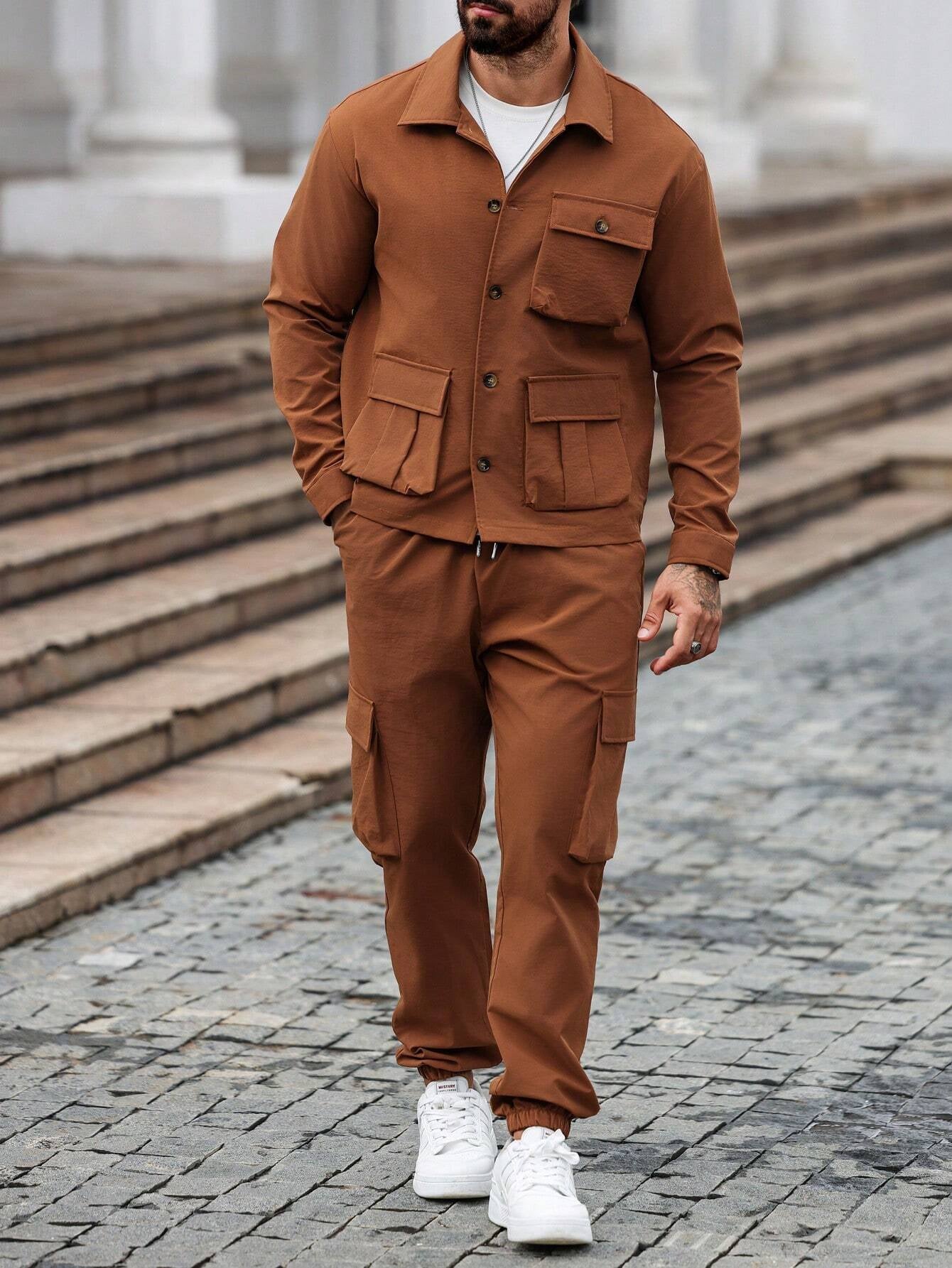 Manfinity Homme 2Pcs Minimalist Style Long Sleeve Top & Pants Set, Casual Everyday Outfit