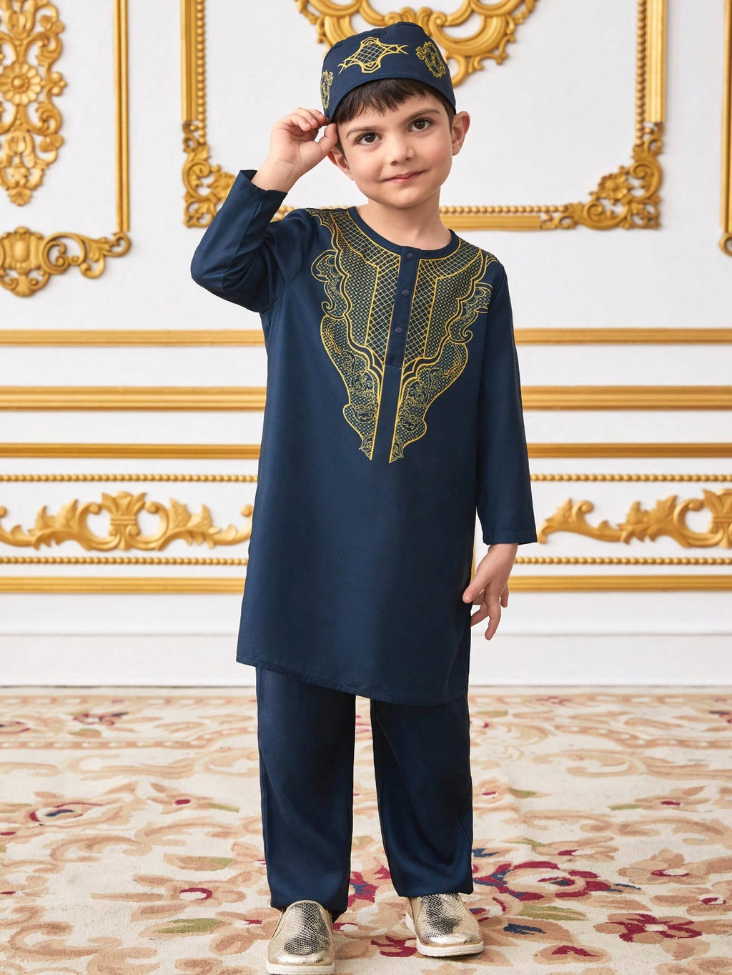 3Pcs/Set Young Boys Pattern Robe, Long Sleeve Top and Pants with Hat, Suitable for Kids Outfits, Back to School, Birthday Parties, Evening Events, Performances, Weddings, Baptisms, School Commencements, Daily Wear, Spring/Summer