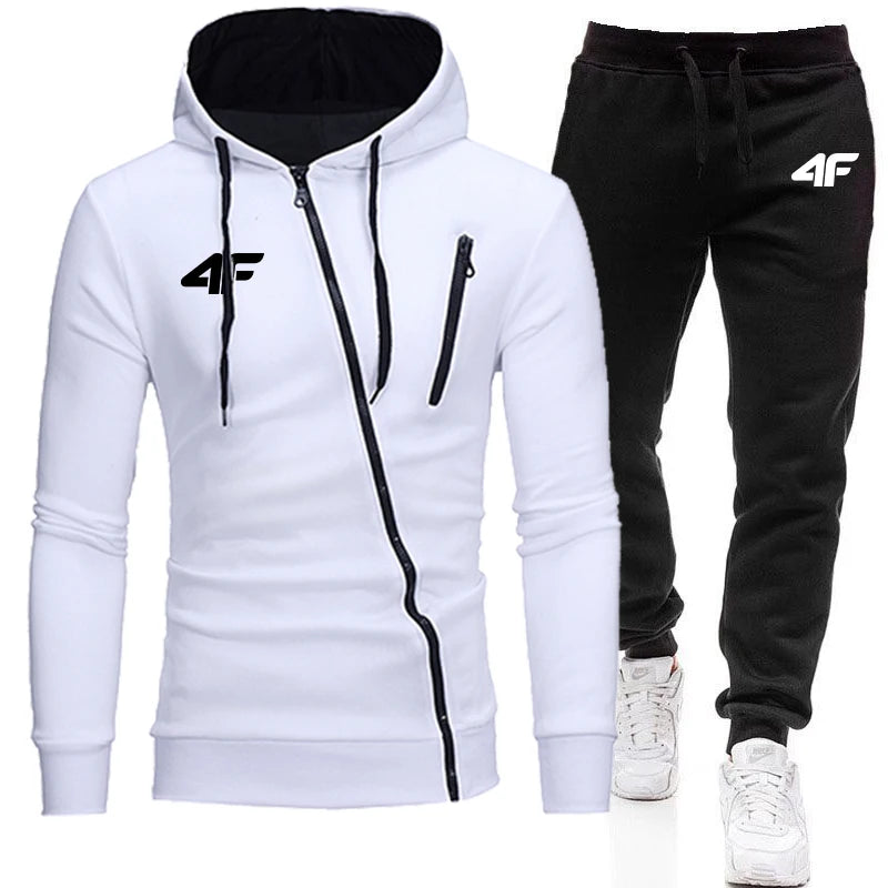 Mens Tracksuit Printing Diagonal Zipper Hoodies+Sweatpants 2 Pcs Set Fashion Casual Coat Hot Sales Street Jogging Mens Clothing