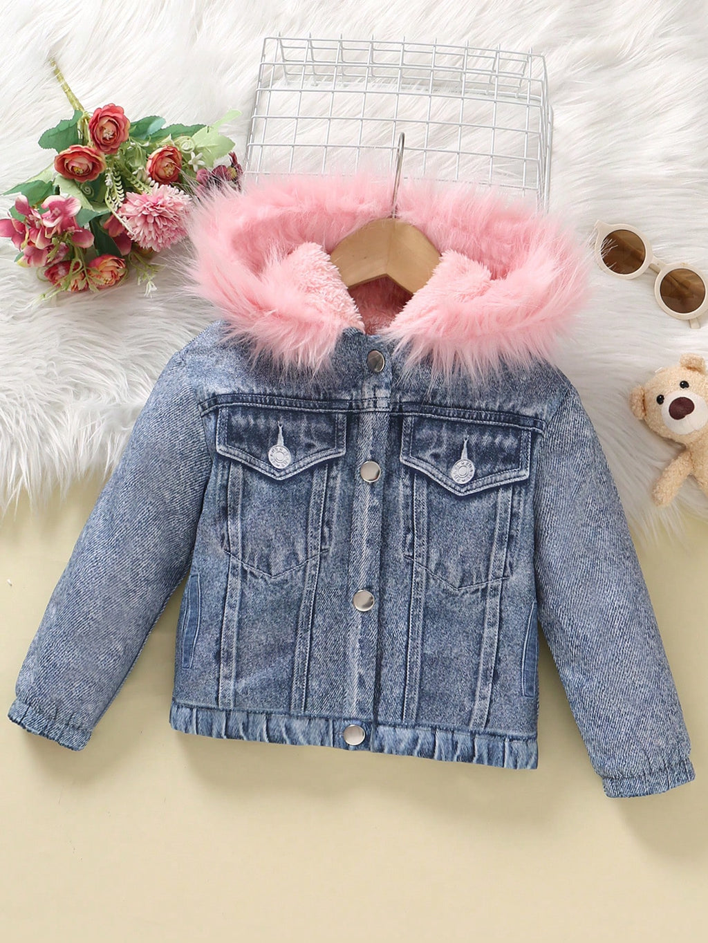 Young Girl Fuzzy Trim Hooded Teddy Lined Jacket