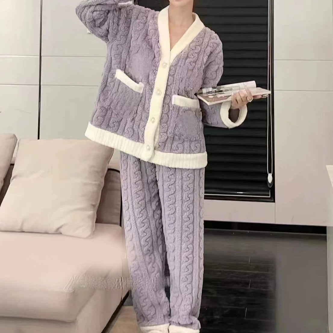 Women'S Pajamas Set Winter Sleepwear O-Neck Loose Long Sleeve Top Elastic Waist Leg Pant Sets Trousers plus Size Matching Sets