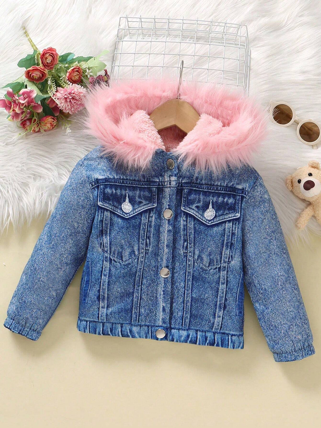 Young Girl Fuzzy Trim Hooded Teddy Lined Jacket
