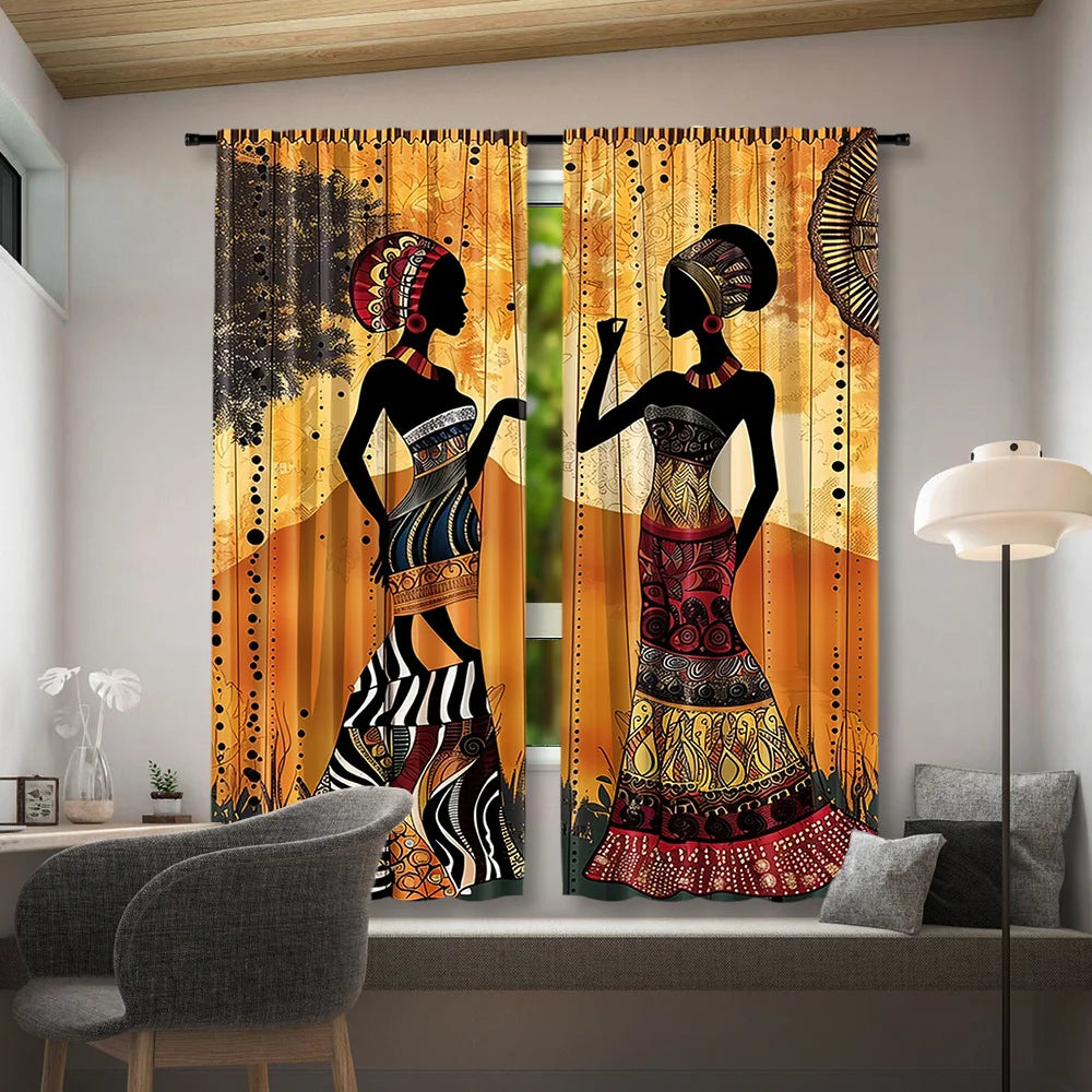 African Women Print Rod Pocket Window Curtains - 2Pcs Woven Polyester Pongee Decorative Panels for Bedroom, Living Room and Offi