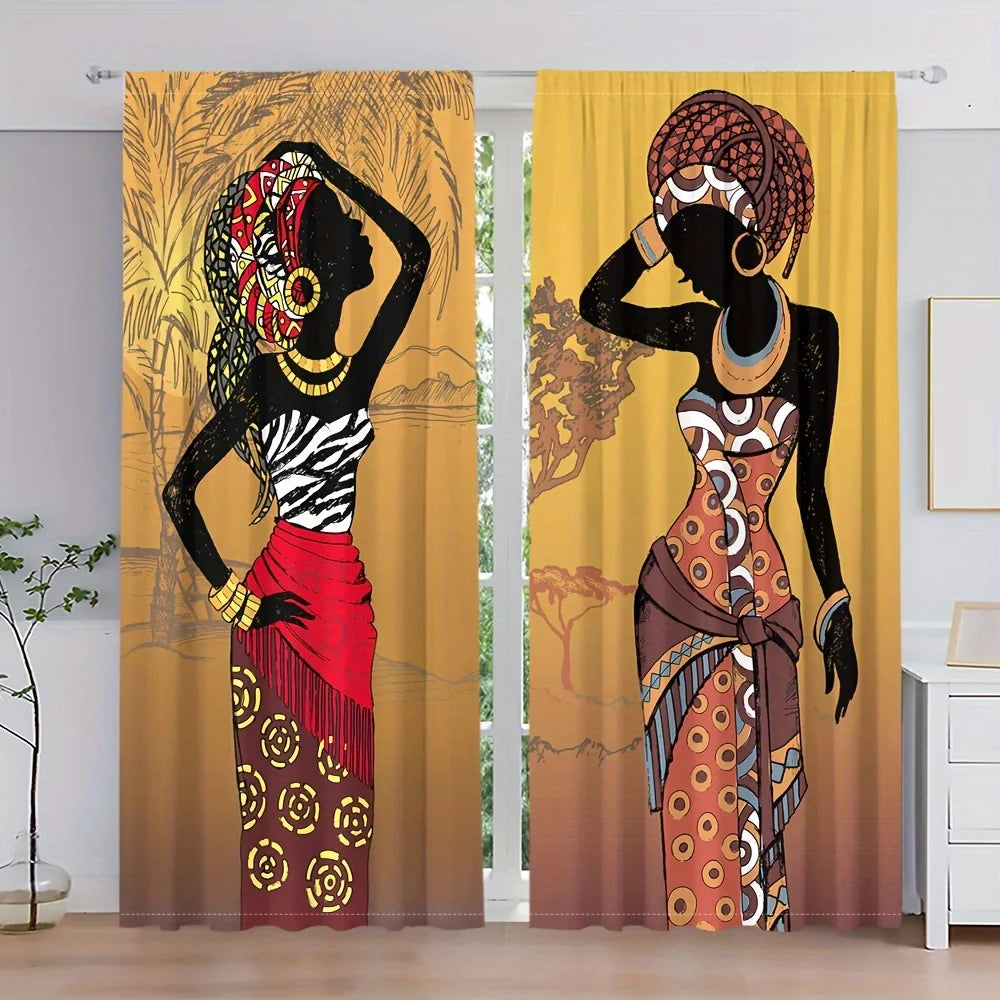 2PC Bohemian African Print Curtains - Colorful Ethnic Art Rod Pocket Drapes, for Living Room & Bedroom Decor