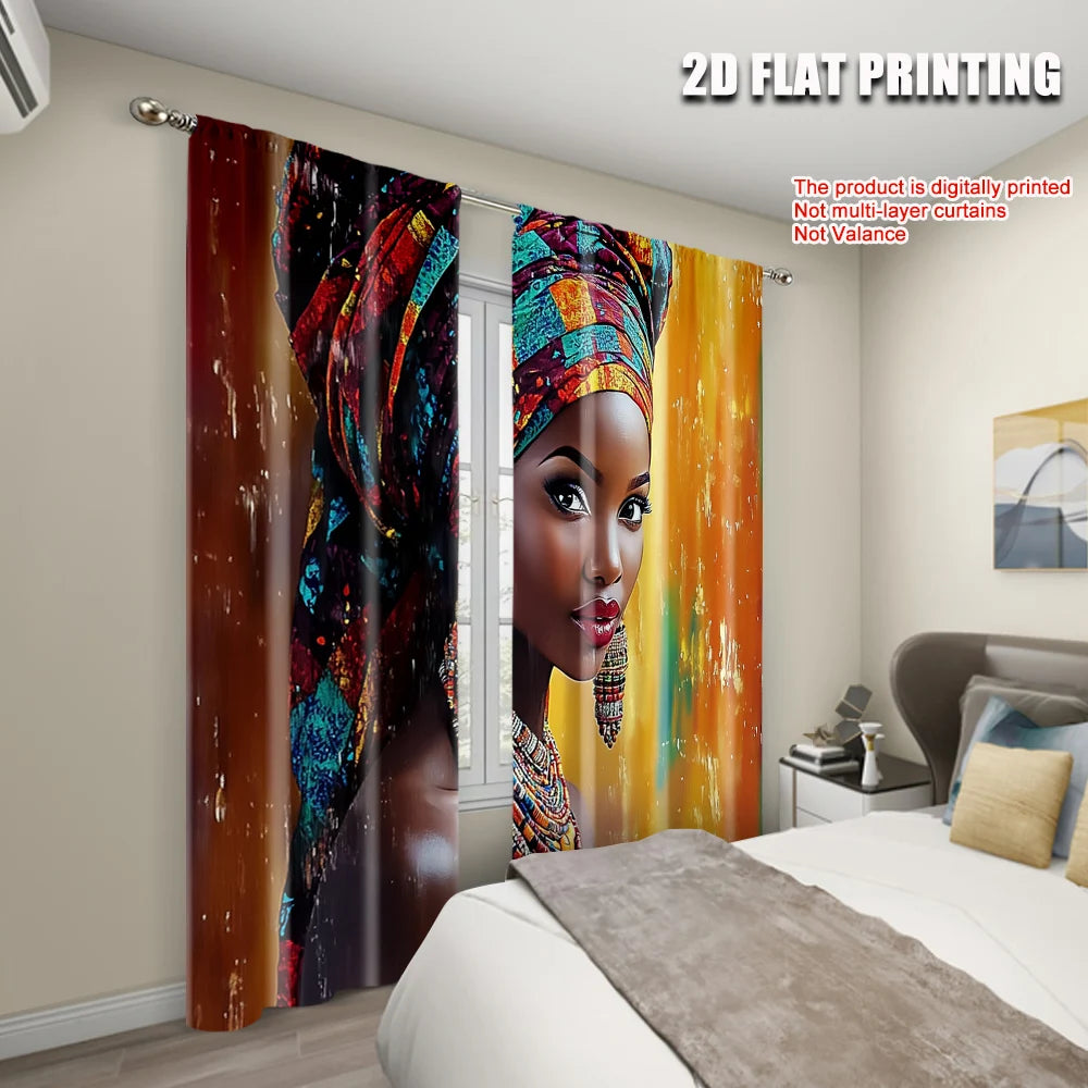 2Pcs, Plane Printing Print Curtains African Woman Print 100% Polyester (Without Rod) Holiday Ldeal for Kitchen, Bedroom &