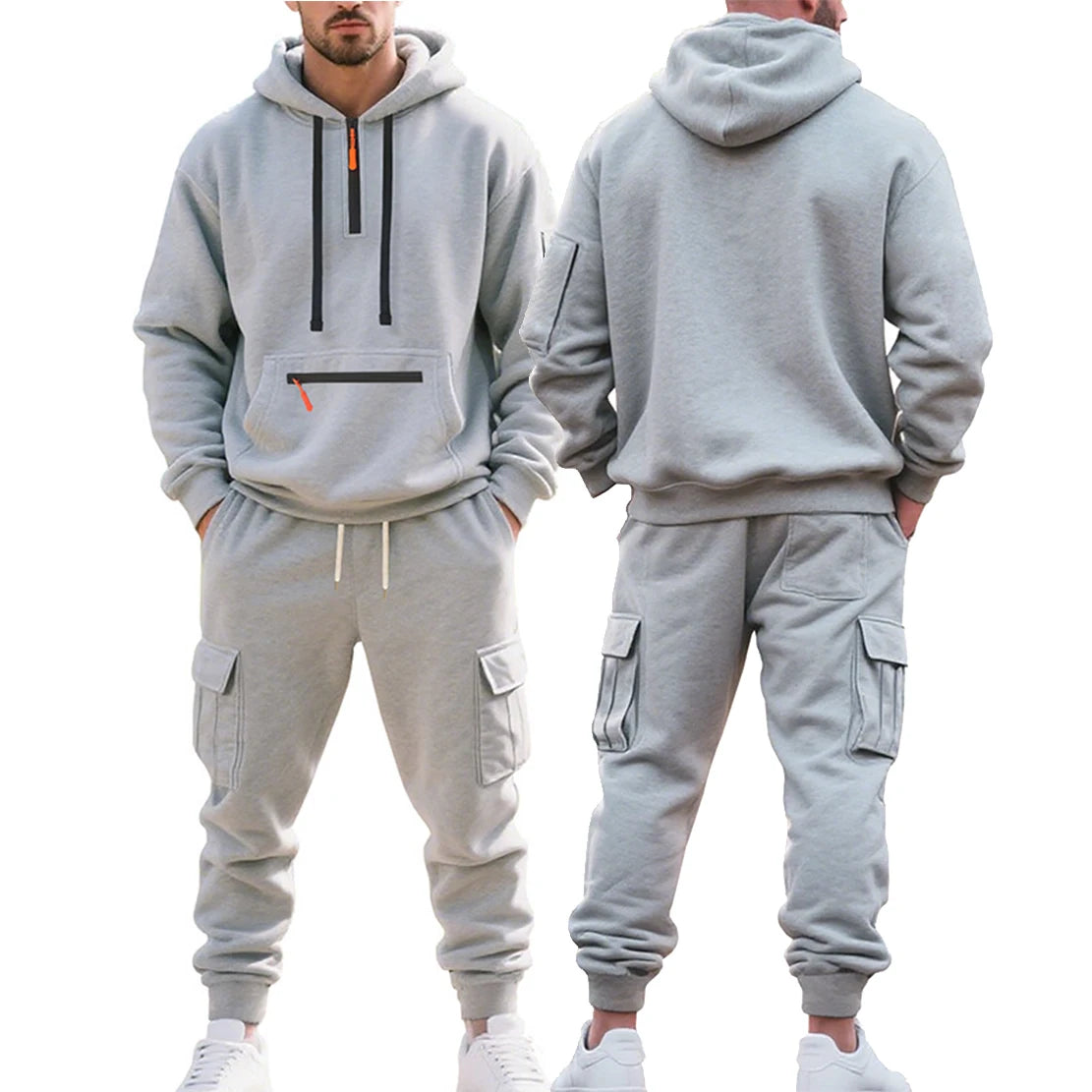 New Autumn and Winter Men'S Fleece Hooded Sweatshirt, Workwear, Long Pants Set, Sports and Leisure Multi Pocket 2-Piece Set