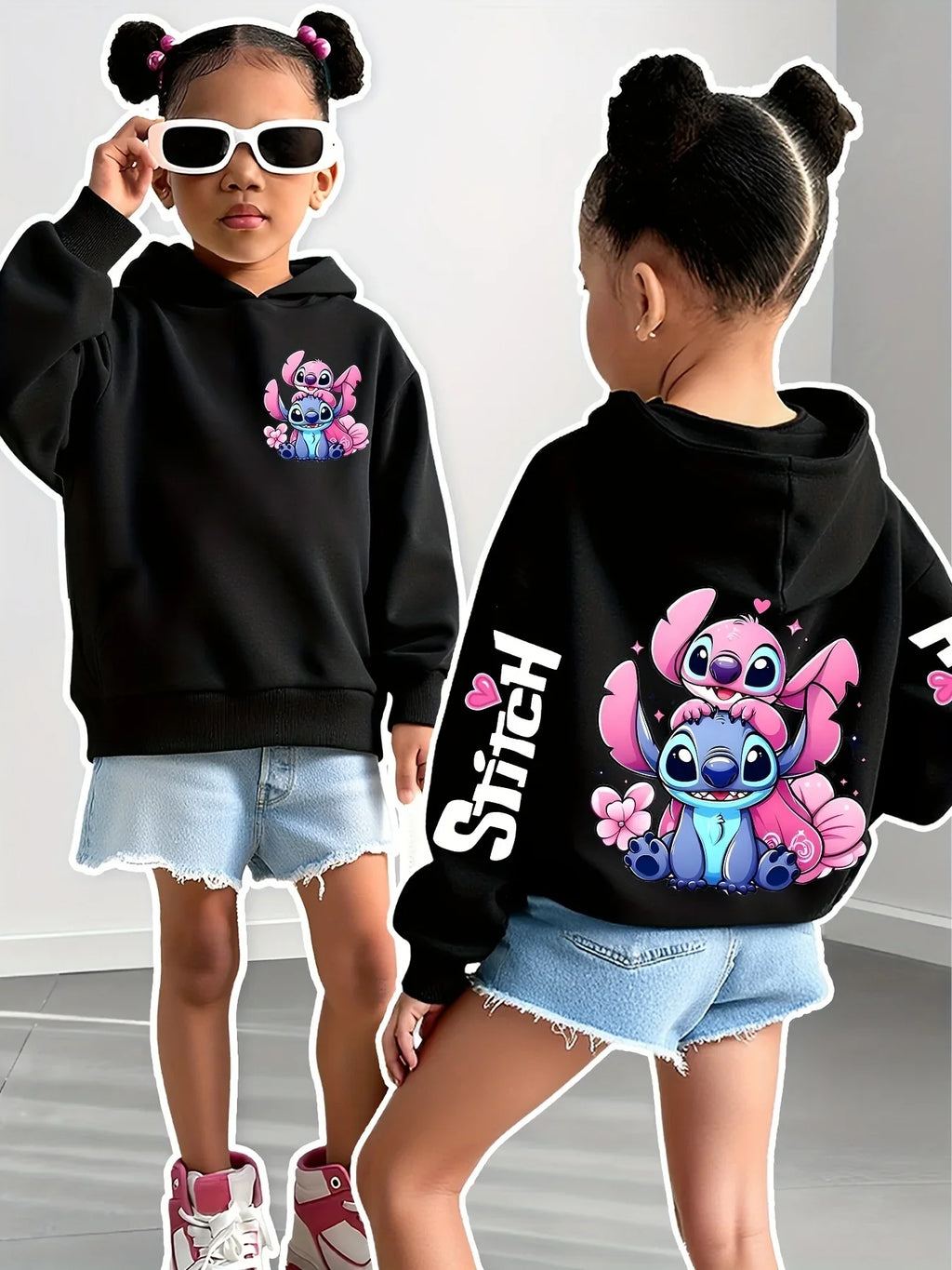 2025 Disney Hoodies Fashion Stitch Angel Monster Pocket Sweatshirt Pullover Cute Hoodies Girls Kids Sweatshirt Cartoon Tops Y2K
