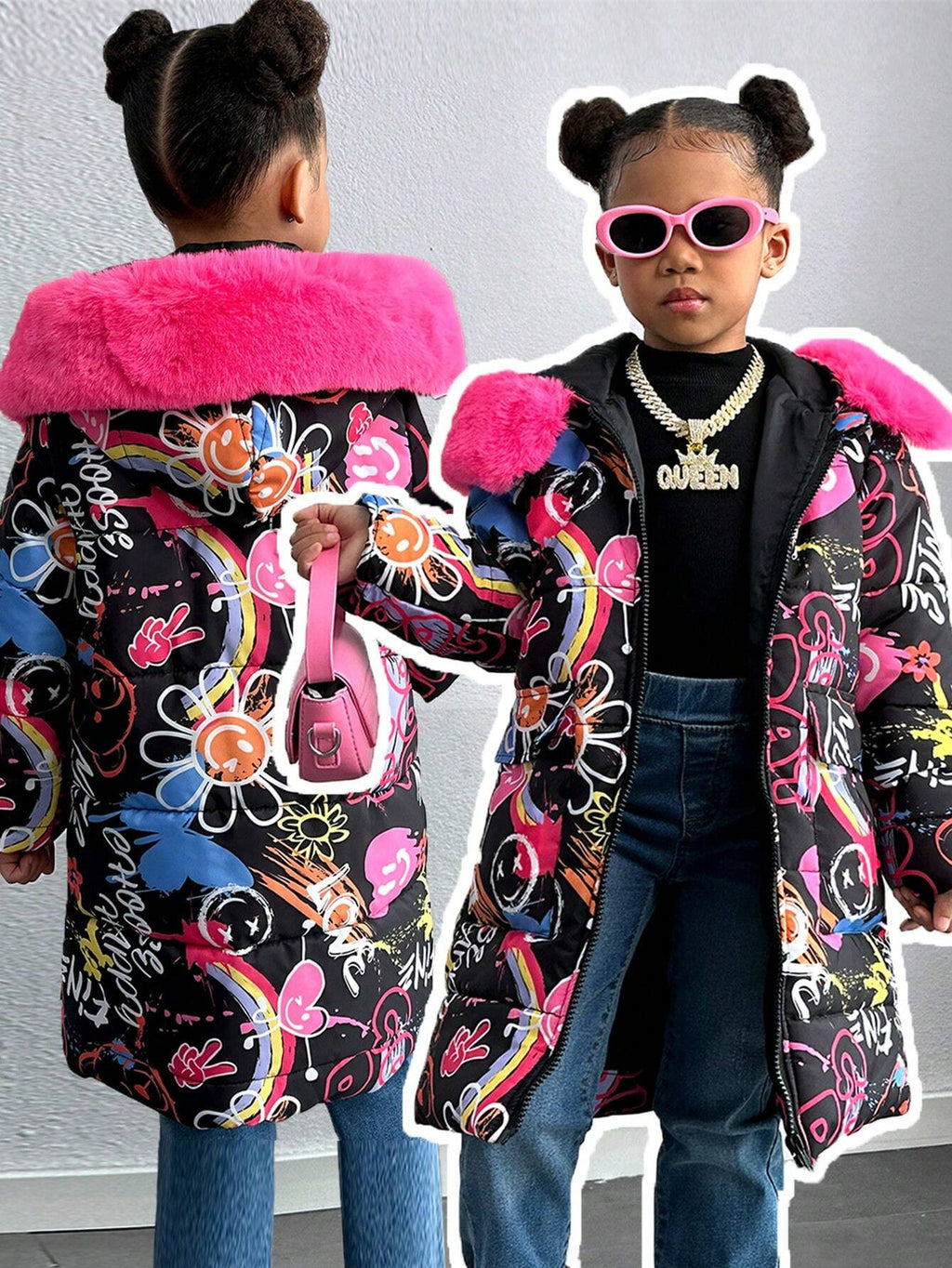 Explorewe Young Girl Graffiti Printed Long Padded Coat with Furry Trim Hood, Fashionable Young Girl Long Coat