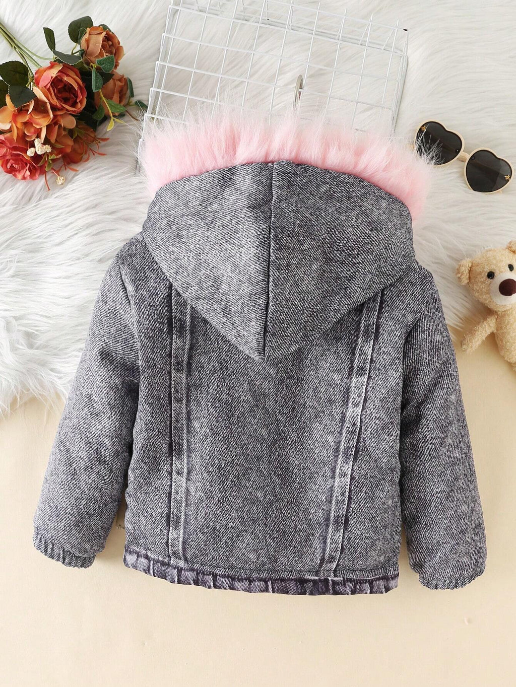 Young Girl Fuzzy Trim Hooded Teddy Lined Jacket