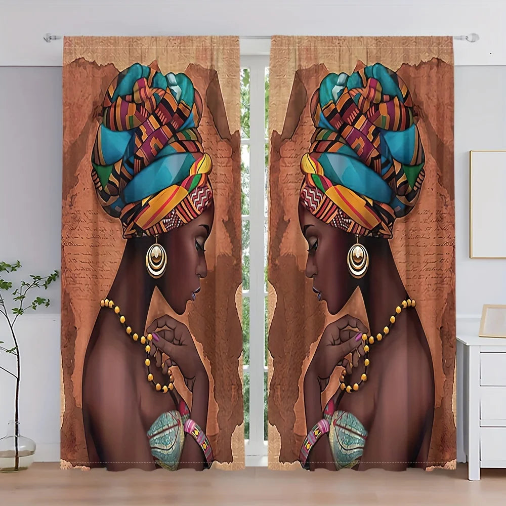2PC Bohemian African Print Curtains - Colorful Ethnic Art Rod Pocket Drapes, for Living Room & Bedroom Decor