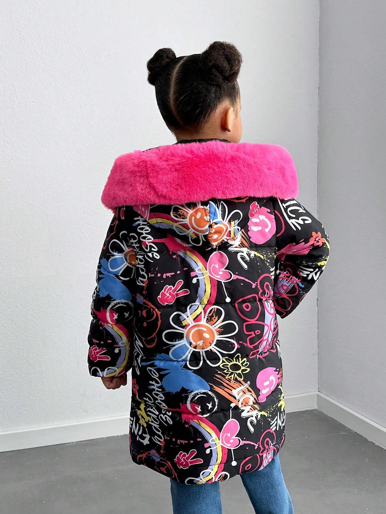 Explorewe Young Girl Graffiti Printed Long Padded Coat with Furry Trim Hood, Fashionable Young Girl Long Coat