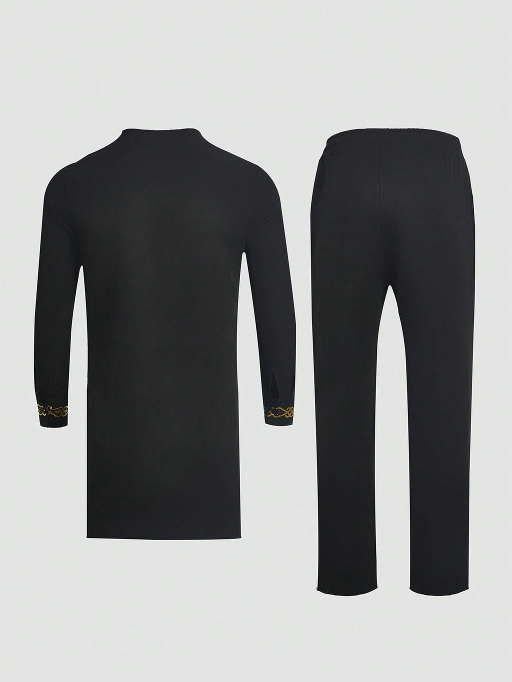 Plus Size Men'S Black Dashiki 2 Pieces Set, Gold Foil Printing, Elastic Waist Pants, Long Sleeve African Clothing, Casual Shirt & Trousers Suit, for Gatherings, Dates, Everyday Wear, Cultural Events, New Arrival