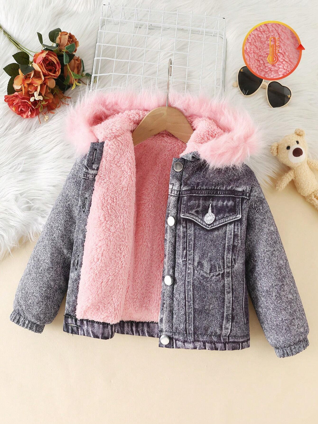 Young Girl Fuzzy Trim Hooded Teddy Lined Jacket